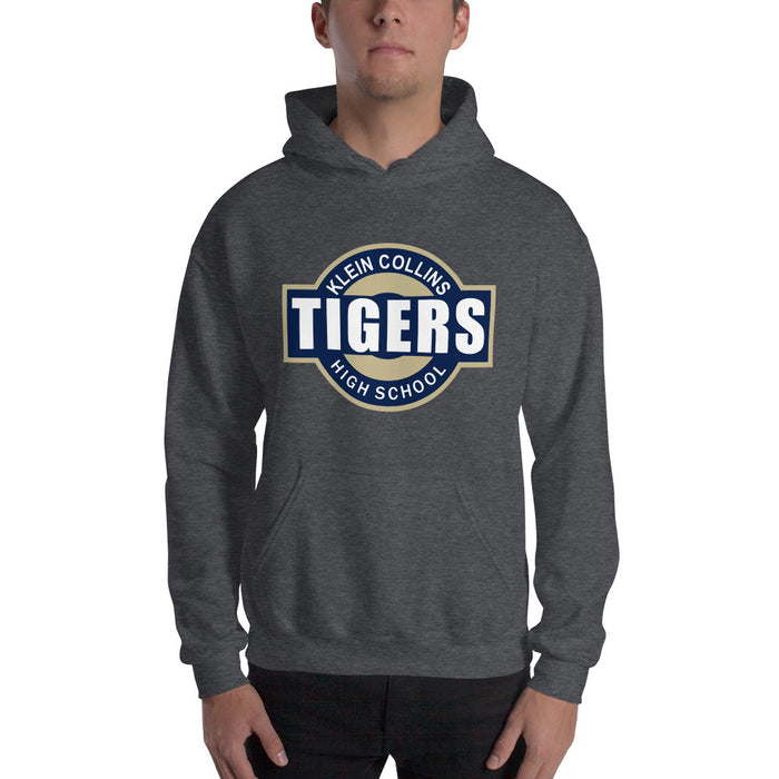 Man wearing a Klein Collins High School Tigers Dark Heather Classic Unisex Hoodie 11