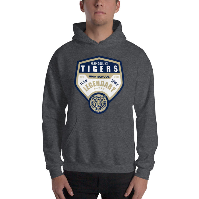 Man wearing a Klein Collins High School Tigers Dark Heather Classic Unisex Hoodie 14