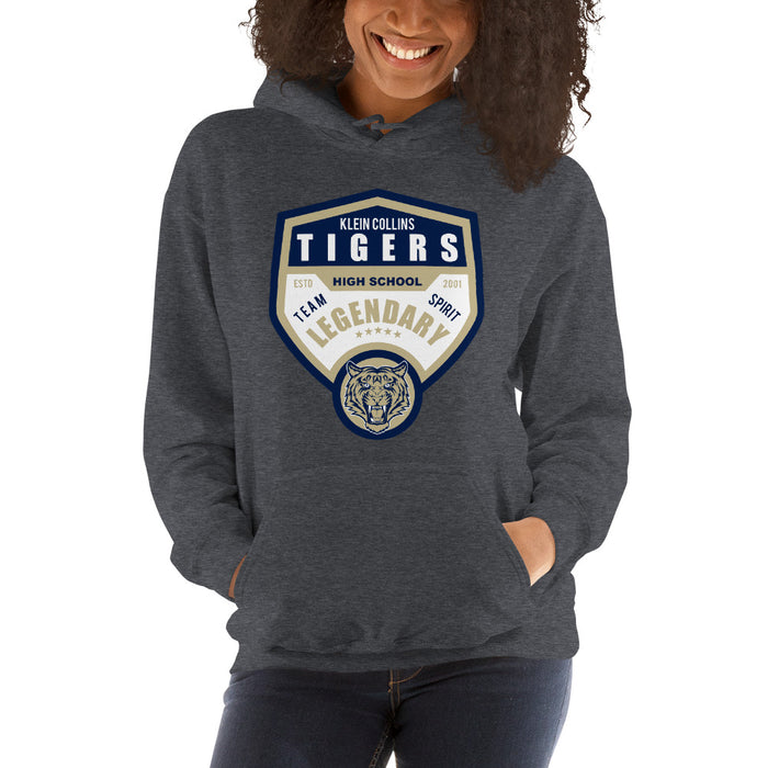 Woman wearing a Klein Collins High School Tigers Dark Heather Classic Unisex Hoodie 14