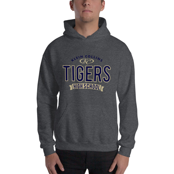 Man wearing a Klein Collins High School Tigers Dark Heather Classic Unisex Hoodie 44