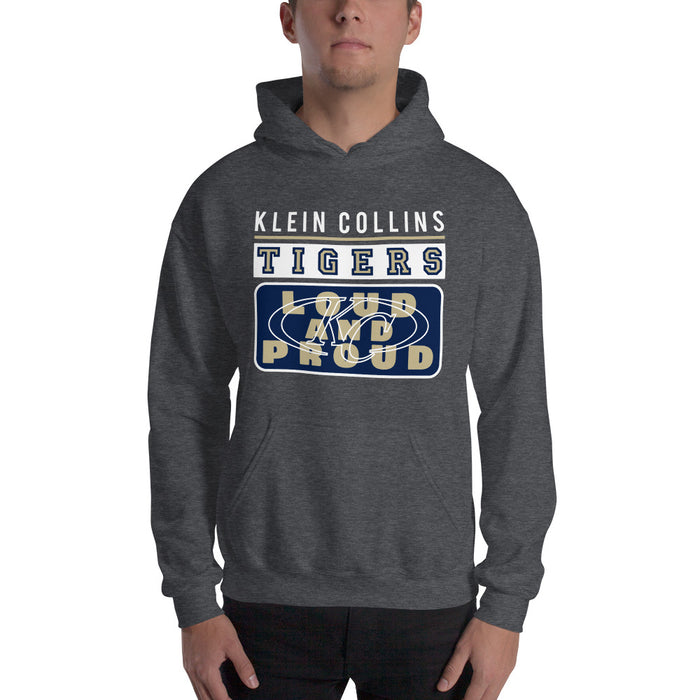 Man wearing a Klein Collins High School Tigers Dark Heather Classic Unisex Hoodie 86