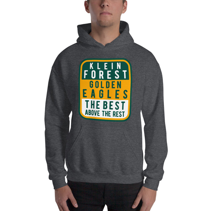 Man wearing a Klein Forest High School Dark Heather Classic Unisex Hoodie 01