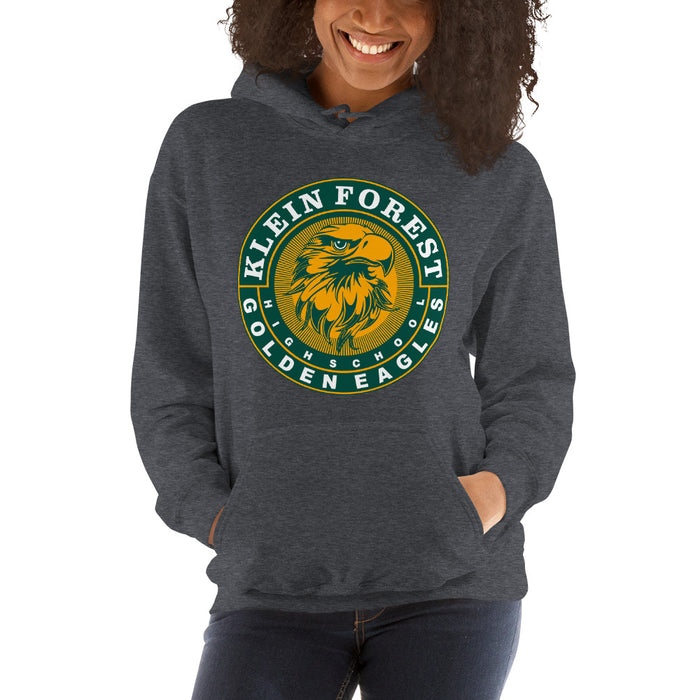 Woman wearing a Klein Forest High School Dark Heather Classic Unisex Hoodie 02