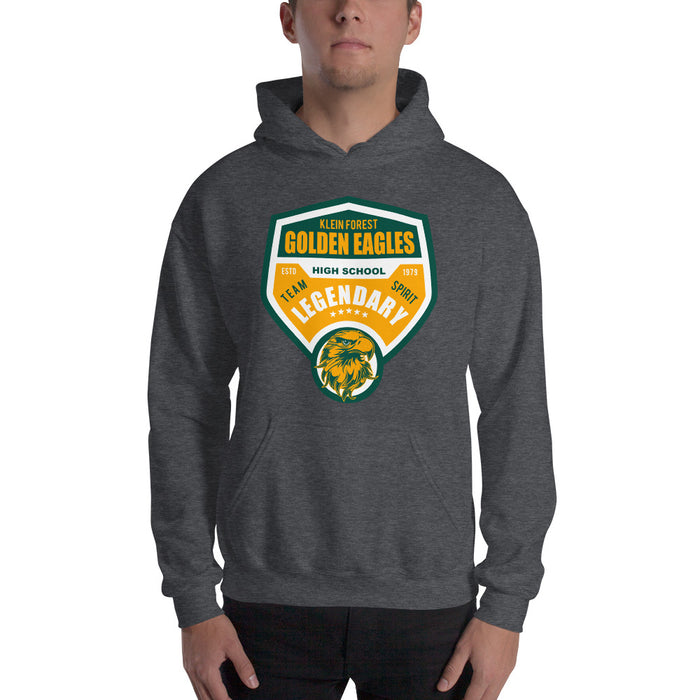 Man wearing a Klein Forest High School Dark Heather Classic Unisex Hoodie 14