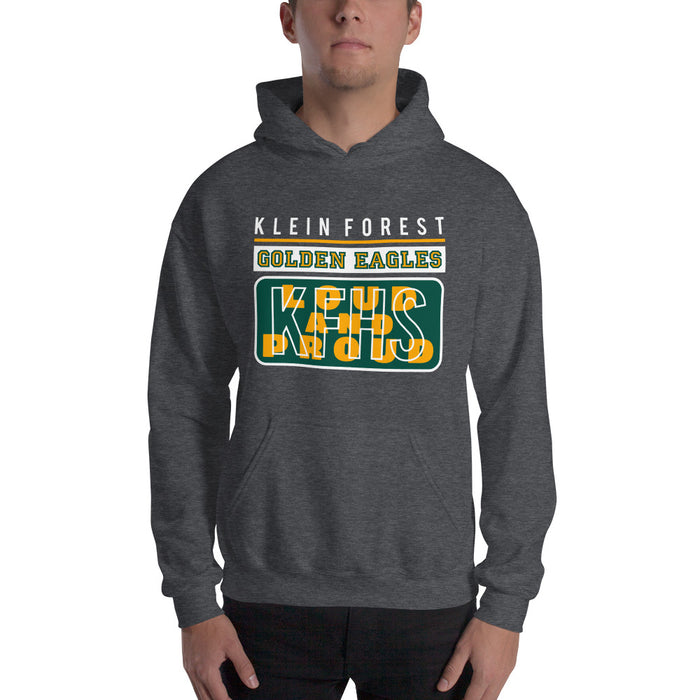 Man wearing a Klein Forest High School Dark Heather Classic Unisex Hoodie 86