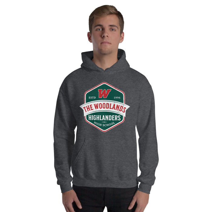 Man wearing The Woodlands High School Highlanders Dark Heather Classic Unisex Hoodie 206