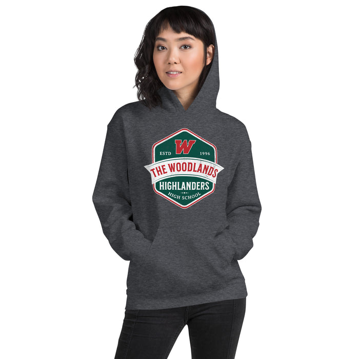 Woman wearing The Woodlands High School Highlanders Dark Heather Classic Unisex Hoodie 206