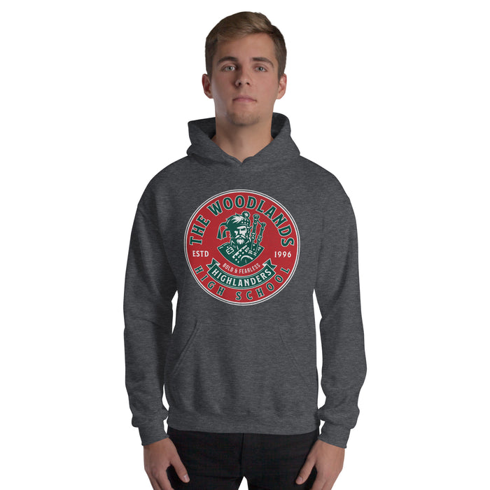 Man wearing The Woodlands High School Highlanders Dark Heather Classic Unisex Hoodie 214