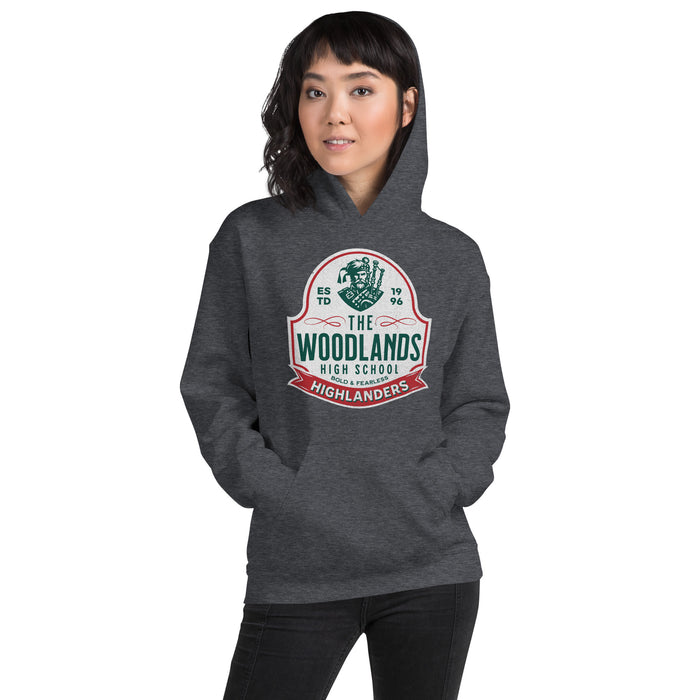 Woman wearing The Woodlands High School Highlanders Dark Heather Classic Unisex Hoodie 218