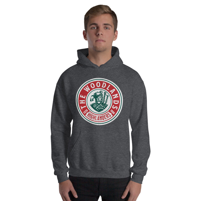 Man wearing The Woodlands High School Highlanders Dark Heather Classic Unisex Hoodie 219