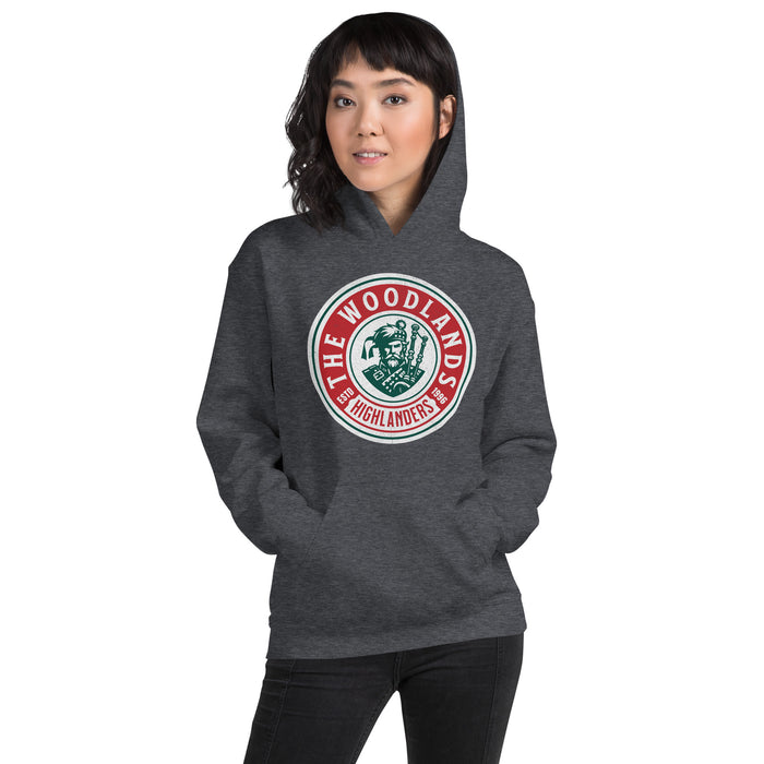 Woman wearing The Woodlands High School Highlanders Dark Heather Classic Unisex Hoodie 219