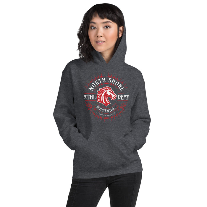 Woman wearing North Shore High School Mustangs Dark Grey Classic Unisex Hoodie 201