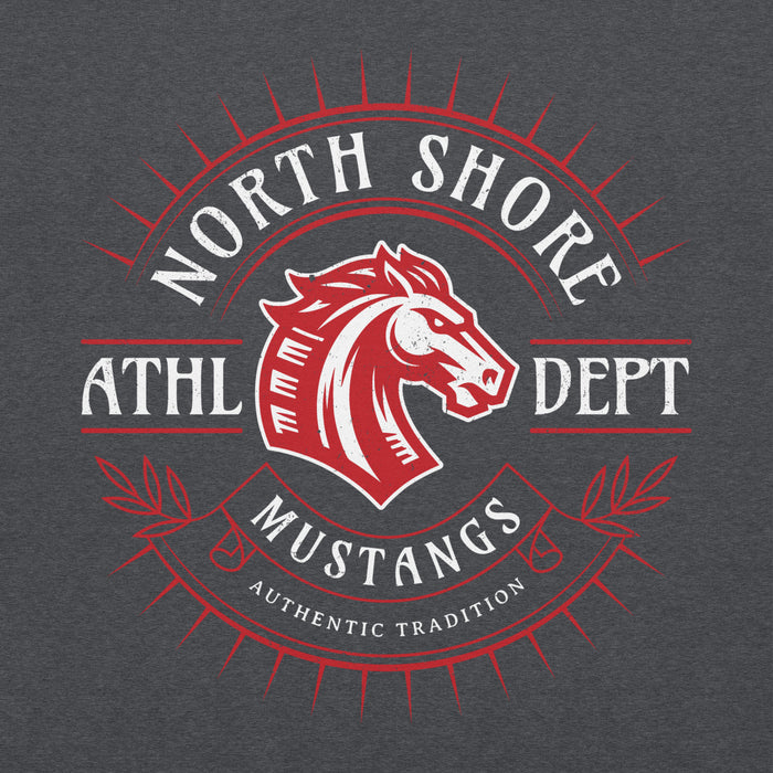 Close-up view of North Shore High School Mustangs Dark Grey Classic Unisex Hoodie 201