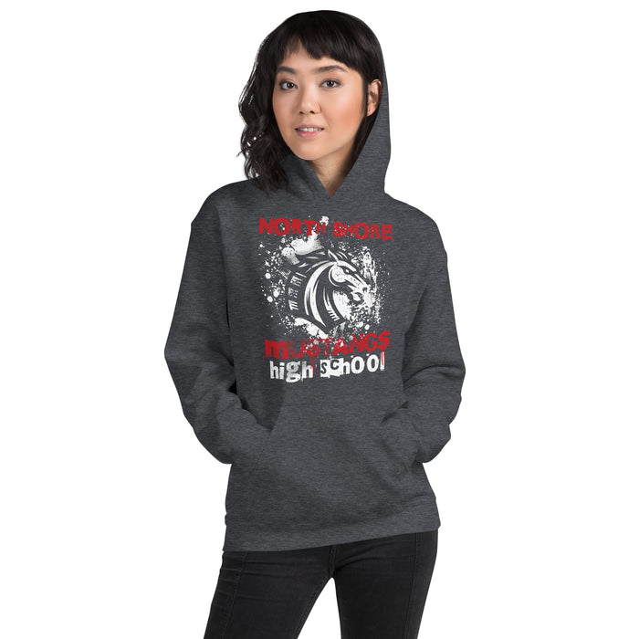 Woman wearing North Shore High School Mustangs Dark Grey Classic Unisex Hoodie 205