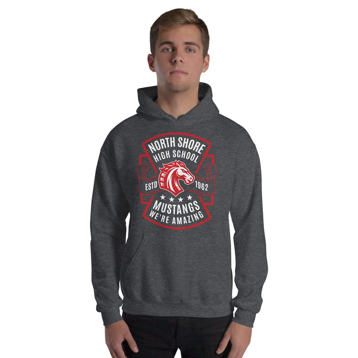 Man wearing North Shore High School Mustangs Dark Grey Classic Unisex Hoodie 207