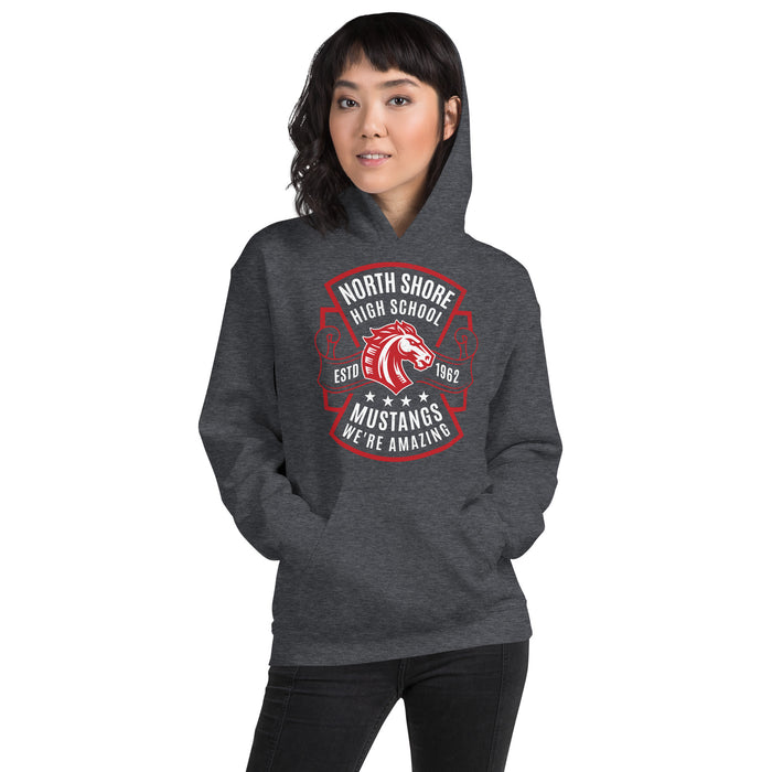 Woman wearing North Shore High School Mustangs Dark Grey Classic Unisex Hoodie 207