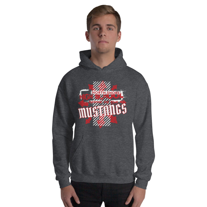 Man wearing North Shore High School Mustangs Dark Grey Classic Unisex Hoodie 210