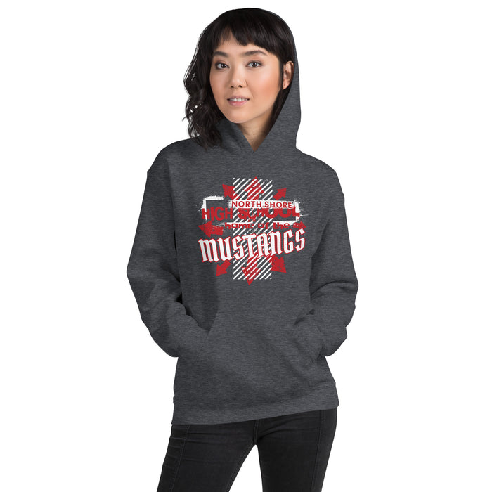 Woman wearing North Shore High School Mustangs Dark Grey Classic Unisex Hoodie 210