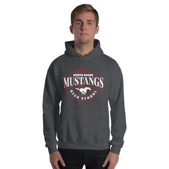 Man wearing North Shore High School Mustangs Dark Grey Classic Unisex Hoodie 211