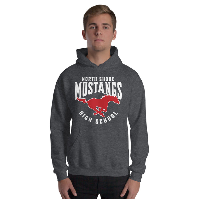 Man wearing North Shore High School Mustangs Dark Grey Classic Unisex Hoodie 213