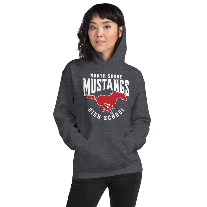 Woman wearing North Shore High School Mustangs Dark Grey Classic Unisex Hoodie 213