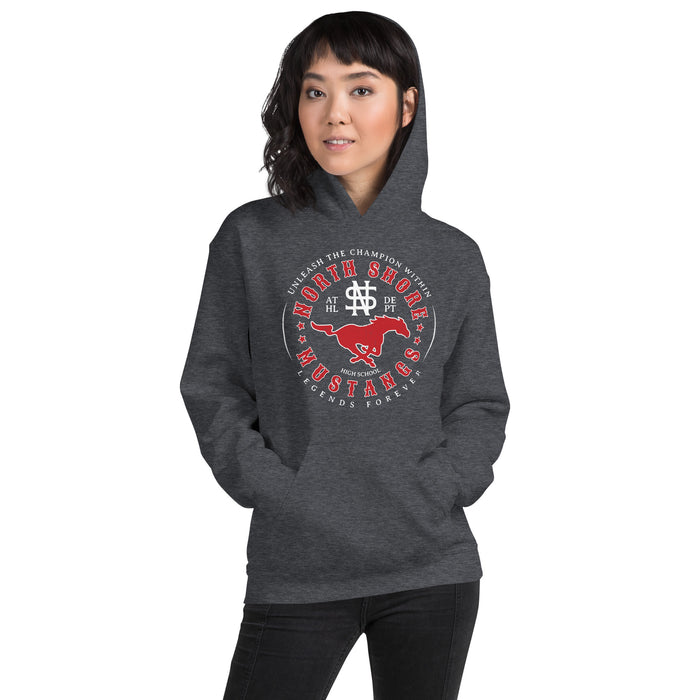 Woman wearing North Shore High School Mustangs Dark Grey Classic Unisex Hoodie 214