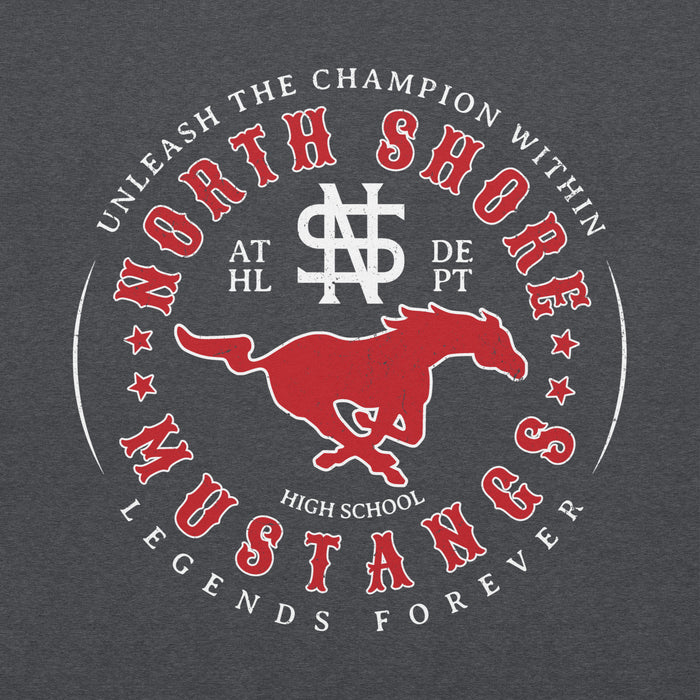 Close-up view of North Shore High School Mustangs Dark Grey Classic Unisex Hoodie 214