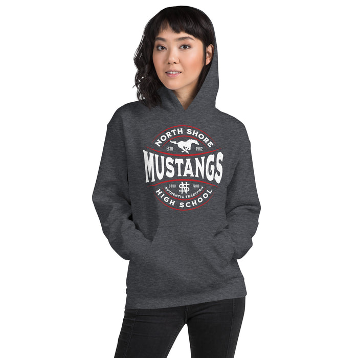 Woman wearing North Shore High School Mustangs Dark Grey Classic Unisex Hoodie 218