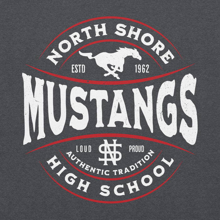 Close-up view of North Shore High School Mustangs Dark Grey Classic Unisex Hoodie 218