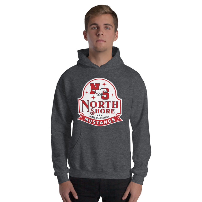 Man wearing North Shore High School Mustangs Dark Grey Classic Unisex Hoodie 219