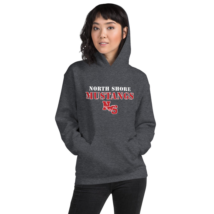 WOman wearing North Shore High School Mustangs Dark Grey Classic Unisex Hoodie 222