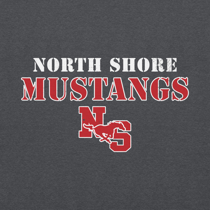 Man wearing North Shore High School Mustangs Dark Grey Classic Unisex Hoodie 222