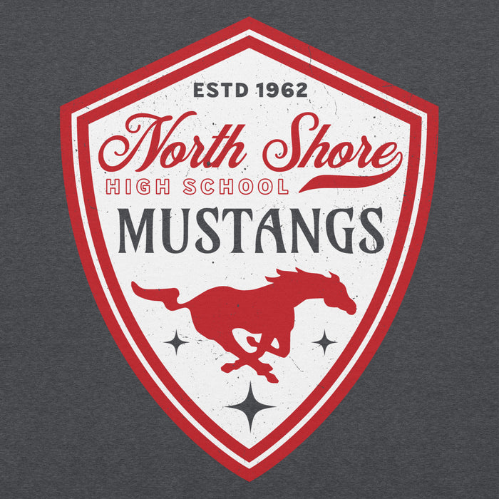 Close-up view of North Shore High School Mustangs Dark Grey Classic Unisex Hoodie 225