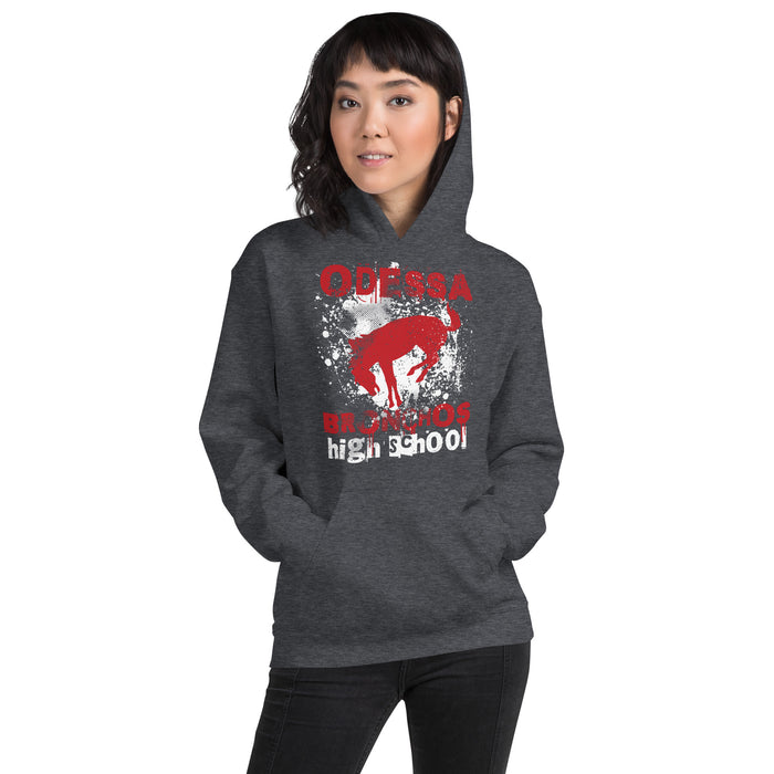 Woman wearing Odessa High School Bronchos Dark Grey Classic Unisex Hoodie 205