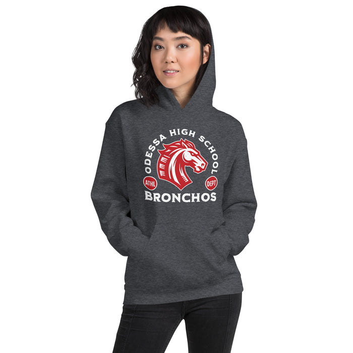 Woman wearing Odessa High School Bronchos Dark Grey Classic Unisex Hoodie 208