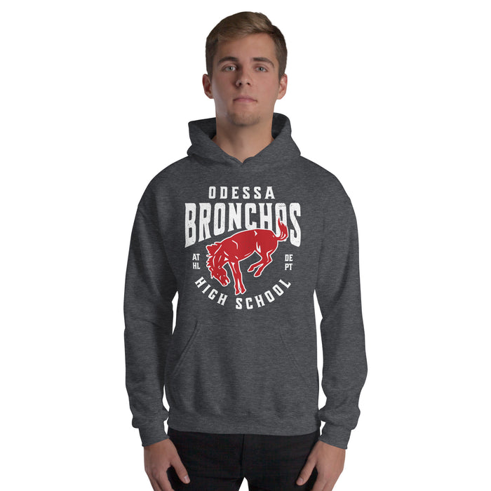 Man wearing Odessa High School Bronchos Dark Grey Classic Unisex Hoodie 213