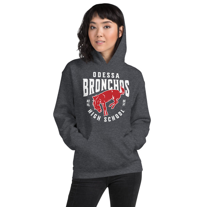 Woman wearing Odessa High School Bronchos Dark Grey Classic Unisex Hoodie 213