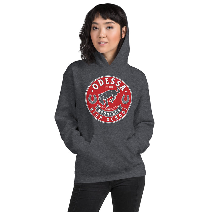 Woman wearing Odessa High School Bronchos Dark Grey Classic Unisex Hoodie 215