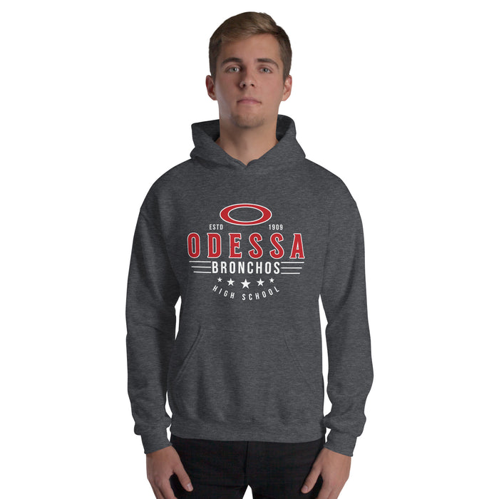 Man wearing Odessa High School Bronchos Dark Grey Classic Unisex Hoodie 217