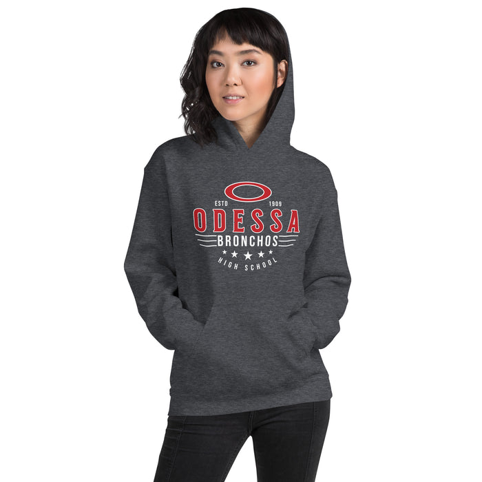 Woman wearing Odessa High School Bronchos Dark Grey Classic Unisex Hoodie 217