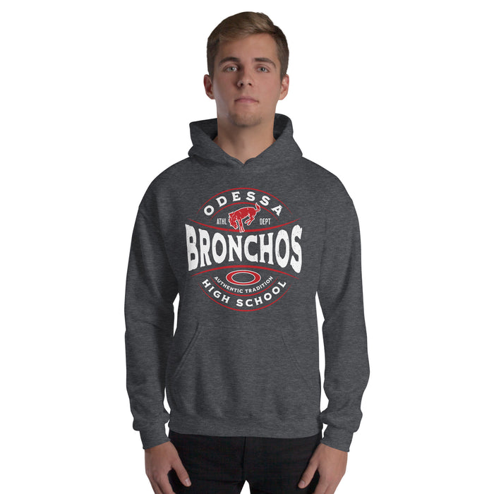 Man wearing Odessa High School Bronchos Dark Grey Classic Unisex Hoodie 218