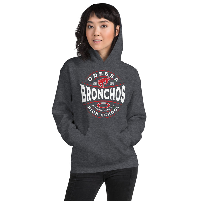 Woman wearing Odessa High School Bronchos Dark Grey Classic Unisex Hoodie 218