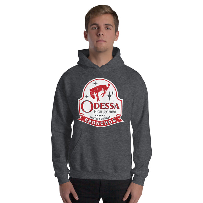 Man wearing Odessa High School Bronchos Dark Grey Classic Unisex Hoodie 219