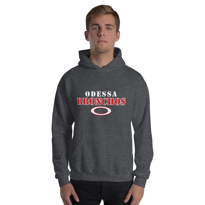 Man wearing Odessa High School Bronchos Dark Grey Classic Unisex Hoodie 222