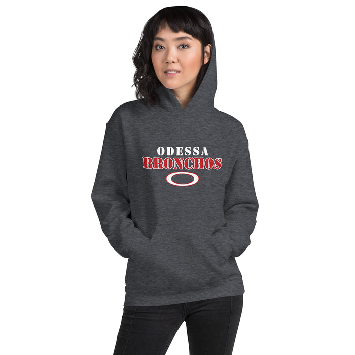 Woman wearing Odessa High School Bronchos Dark Grey Classic Unisex Hoodie 222