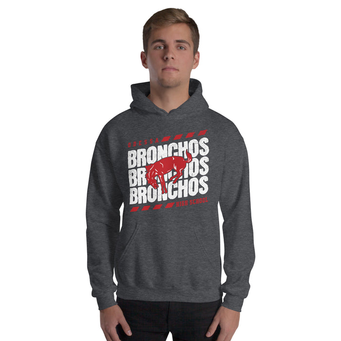 Man wearing Odessa High School Bronchos Dark Grey Classic Unisex Hoodie 223