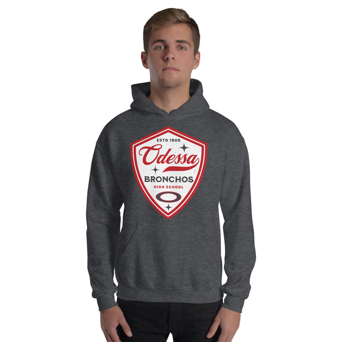 Man wearing Odessa High School Bronchos Dark Grey Classic Unisex Hoodie 225