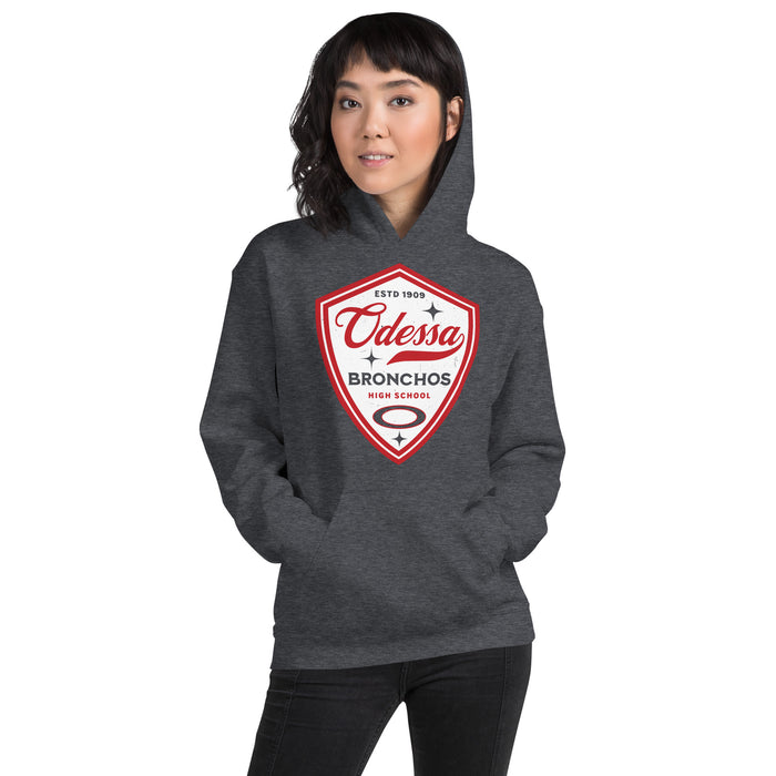 Woman wearing Odessa High School Bronchos Dark Grey Classic Unisex Hoodie 225