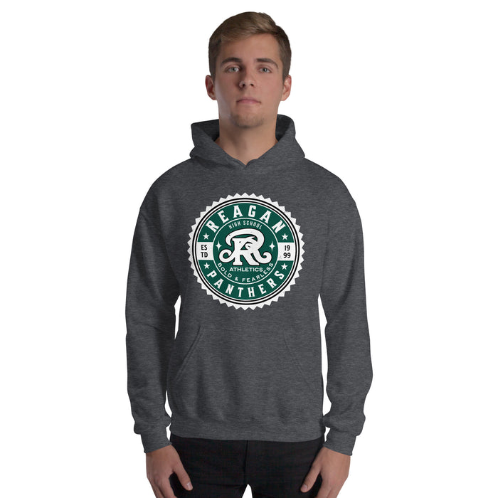 Man wearing Reagan High School Rattlers Dark Grey Classic Unisex Hoodie 203