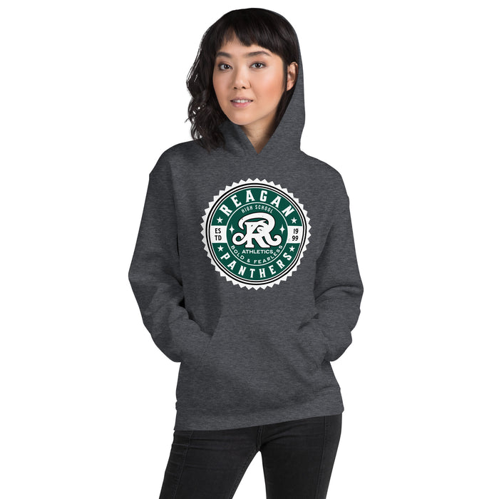 Woman wearing Reagan High School Rattlers Dark Grey Classic Unisex Hoodie 203